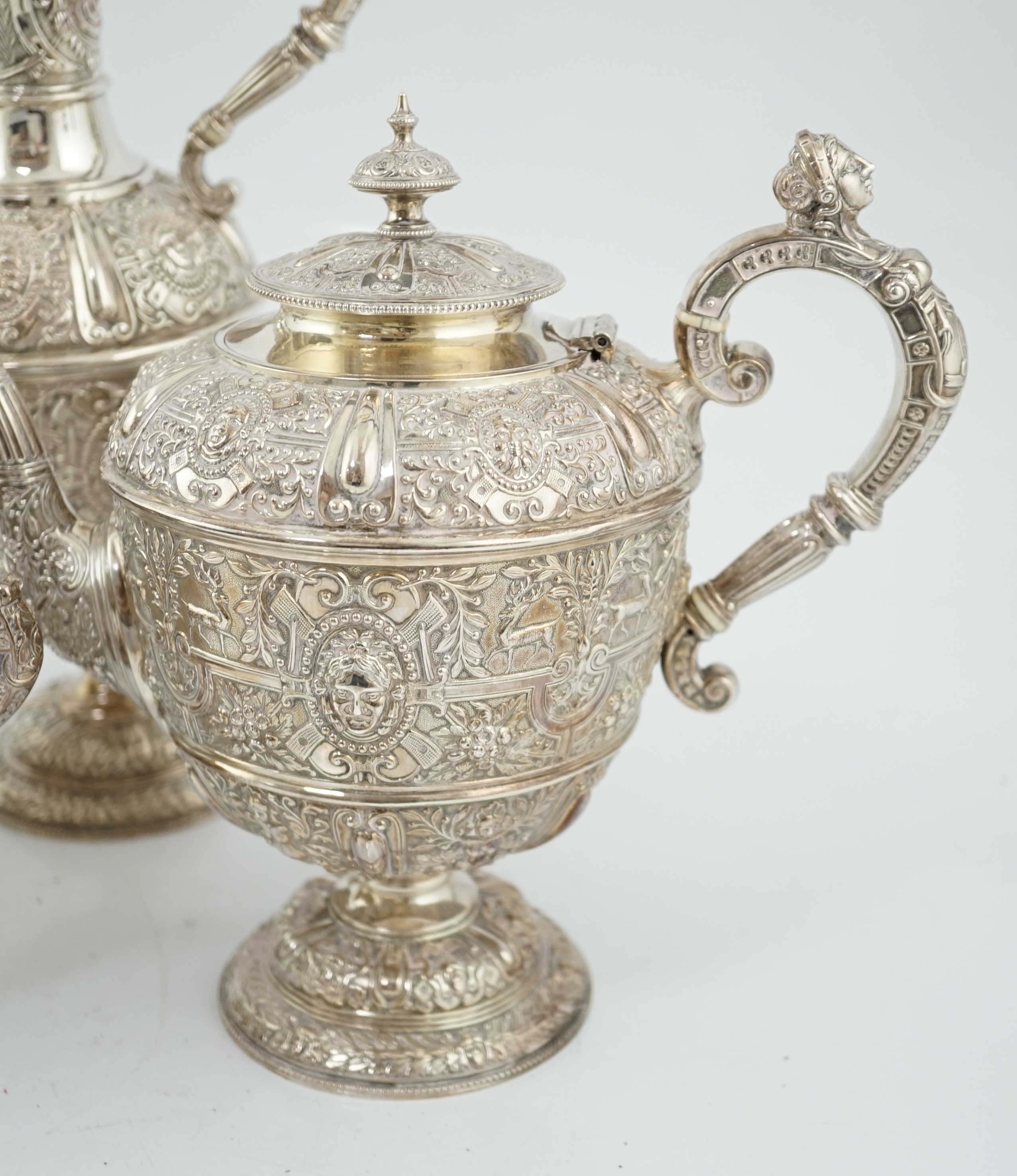 A late Victorian silver pedestal four piece tea set, by David & George Edwards, CITES submission reference: 8YT8PAE4